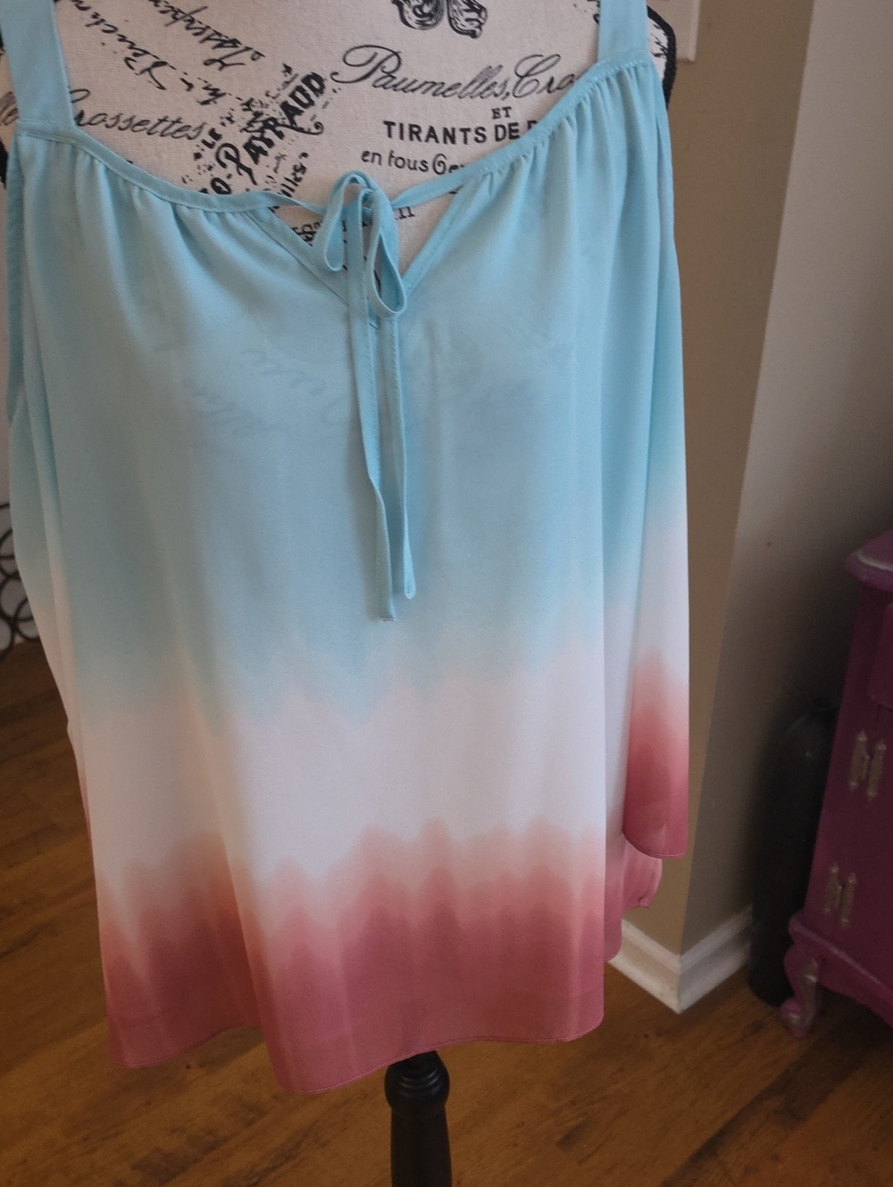 Cato Ombre Tie-Front Cold Shoulder Tunic in Light Blue, White and Mauve